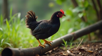 A beautiful black chicken with a red comb and yellow legs stands gracefully on a dark rustic pipe amidst lush green foliage in a natural outdoor setting, realistic wildlife image.
