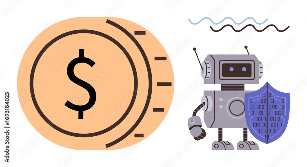 Aufkleber robot holding shield with binary code facing large dollar coin and signal waves above. ideal for cyb