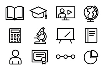 Education linear icon set. featuring book, graduation cap, video lesson, globe, calculator, microscope, whiteboard.