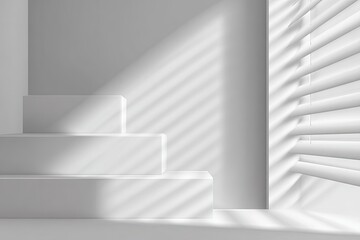 Minimalist white steps bathed in sunlight
