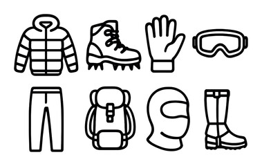 Winter sports gear linear icon set. featuring jacket, boots, gloves, goggles, pants, backpack, mask, and boots icons.