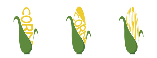 Stylized illustrations of corns with inscription corn. Vegetable, planting and harvest symbols. Natural organic food. Isolated vector images