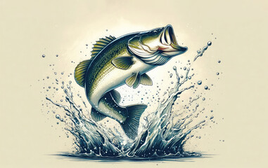 Striking largemouth bass leaping from murky water with dramatic splash effects on hazy beige background. Ideal for fishing tees, angler souvenirs, highlighting sport adventure