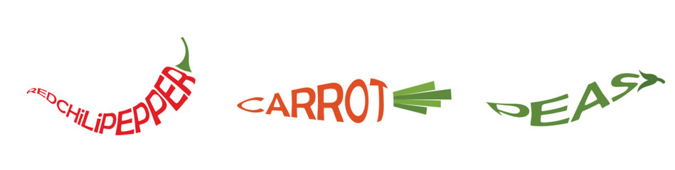 Stylized vegetable-themed illustration featuring the words REDCHILIPEPPER, CARROT, and PEAS shaped like their respective vegetables. Each word is formed to resemble the vegetable it represents