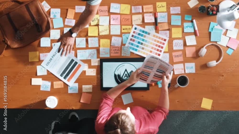 Poster top view of smart designer holding color palette while project manager looking at design and choosin