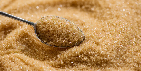 Brown Cane sugar in a spoon close up. Heathy eating, diet concept. Brown sugar background, texture....