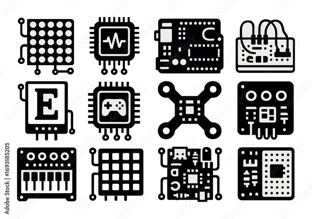 Poster technology silhouette icon set. featuring ai, circuit, drone, microchip, robotics, electronics, and 