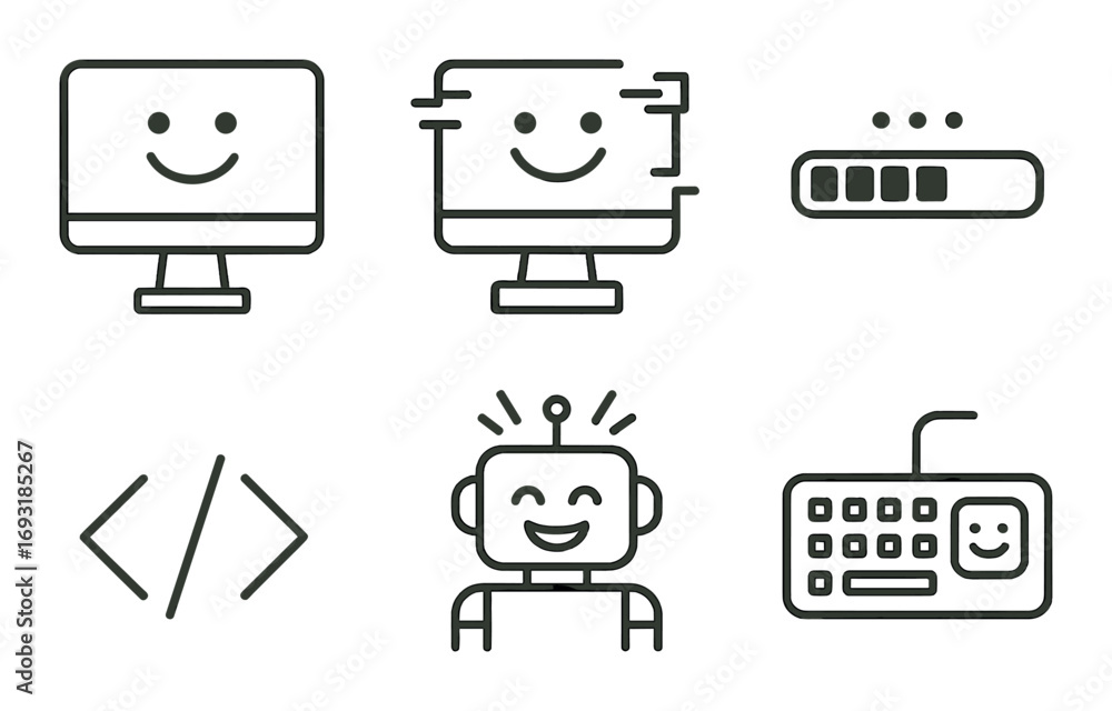 Aufkleber technology linear icon set. featuring monitor, coding, computer, processor, ai, and keyboard symbols