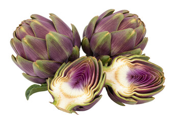 Isolated Group of Purple Artichokes, Whole and Halved, with Freshly Cut Interior