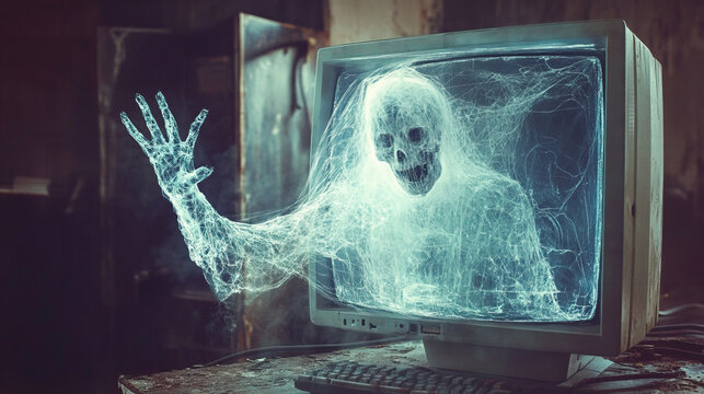 Glitchy, translucent digital ghost trapped inside an old CRT computer monitor