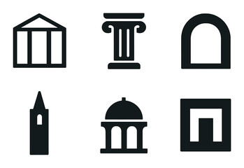 Architectural silhouette icon set. featuring temple, column, arch, tower, dome, and gateway icons.