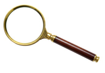 Isolated close-up of a magnifying glass with a golden frame and wooden handle on neutral space