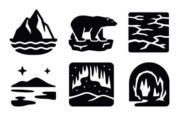 Arctic nature silhouette icon set. featuring iceberg, polar bear, ice floe, northern lights, and cave symbols.