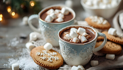 Fototapeta premium Cozy hot chocolate cups with marshmallows and cookies on table
