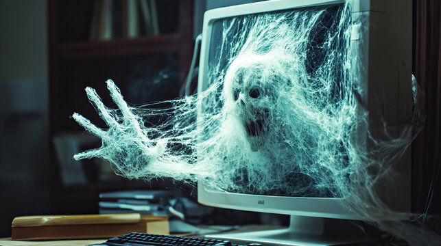 Glitchy, translucent digital ghost trapped inside an old CRT computer monitor