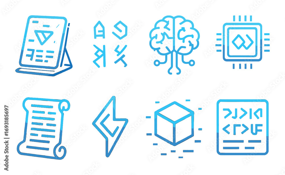 Aufkleber programming and tech neon linear icon set. featuring ai, code, chip, scroll, cube, and brain symbols