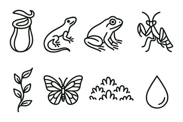 Nature and wildlife linear icon set. featuring pitcher plant, gecko, frog, mantis, leaf, butterfly, bush, and water drop icons.