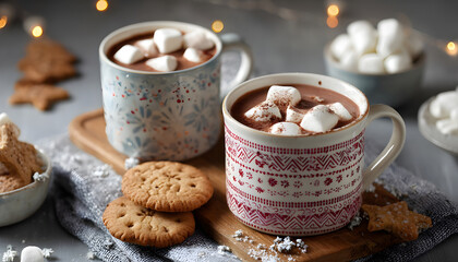 Fototapeta premium Cozy hot chocolate cups with marshmallows and cookies on table
