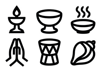 Hindu ritual flat icon set. featuring diya, bowl, incense, prayer hands, drum, conch symbols.
