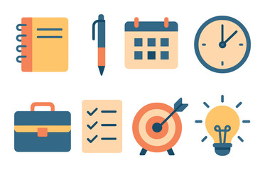 Business and productivity flat icon set. featuring notebook, pen, calendar, clock, briefcase, checklist, target, lightbulb.