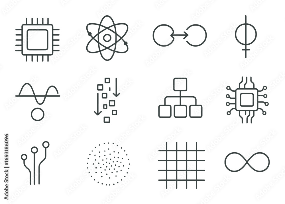 Poster technology and science linear icon set. featuring microchip, atom, diagram, flowchart, and infinity 