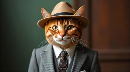 Dapper orange tabby cat in a stylish gray pinstripe suit, white shirt, patterned tie, and classic fedora hat, a sophisticated anthropomorphic feline portrait with a vintage look.