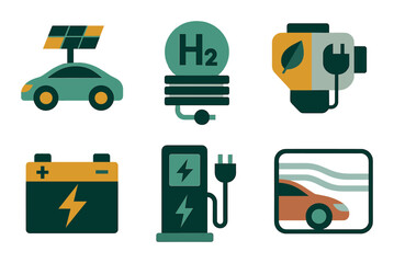 Eco transport flat icon set. featuring electric car, hydrogen, solar panel, battery, charging station, engine icons.