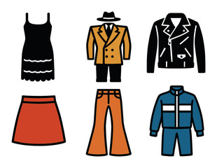 Fashion clothing flat icon set. featuring dress, suit, jacket, skirt, pants, and tracksuit symbols.