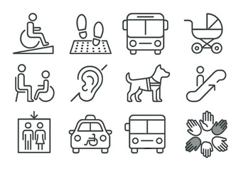 Accessibility and mobility linear icon set. featuring wheelchair ramp, braille, public transport, stroller, hearing aid, escalator, elevator, taxi, guiding dog, community support icons.