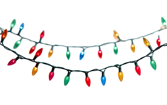 Colorful Christmas string lights in a curved arrangement against a black background - Powered by Adobe