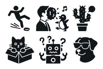 Humorous activities silhouette icon set. featuring slip, pie, music, cactus, cat, robot, dog symbols.