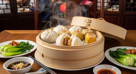 Steaming Dim Sum Basket with Bok Choy and Dipping Sauce.