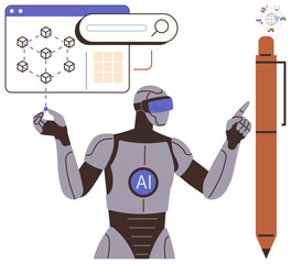 AI robot interacting with blockchain diagram, magnifying search bar, and a tech-inspired futuristic pen. Ideal for AI, blockchain, innovation, futuristic tools, technology integration, research