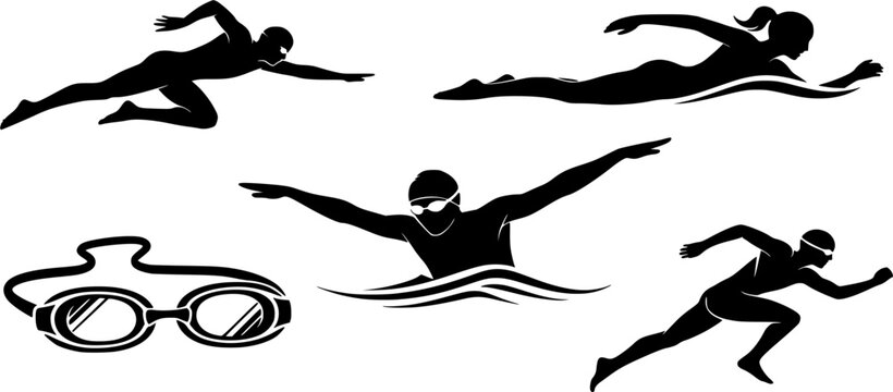 Swimming silhouettes, Swimmer silhouette, Woman swimming silhouette, Swimmer svg, Backstroke swimmer silhouette, Swimming svg, Swimming goggles silhouette, Swimmer icon bundle