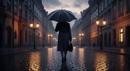 Rainy Evening City Street Scene.