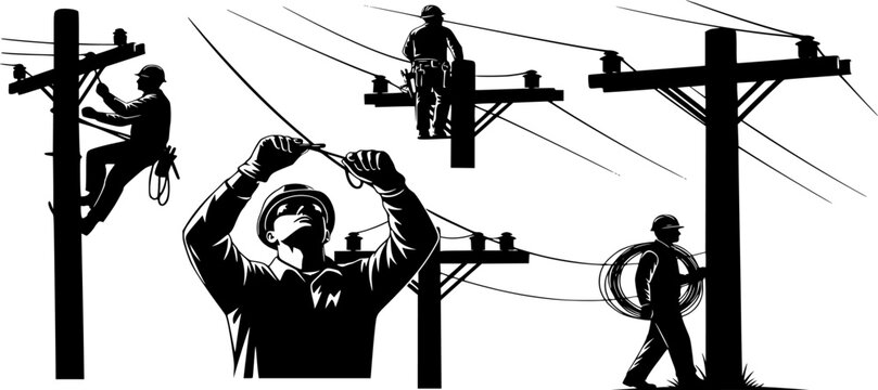 Lineman silhouette, Lineman svg, Line worker svg, Electrician svg, Electrical lineman svg, Lineman climbing silhouette, Power lineman svg, Line worker silhouette, Lineman vector illustration set 