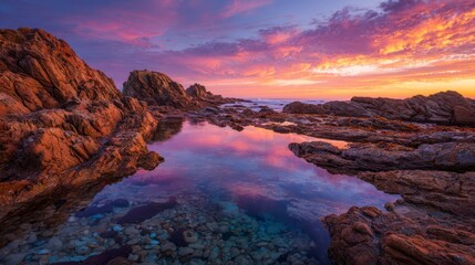Naklejka premium Coastal rocks sunrise reflection