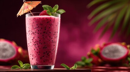 A vibrant dragon fruit smoothie garnished with mint and raspberries, set against a deep pink background, ideal for healthy lifestyle and summer refreshment concepts.