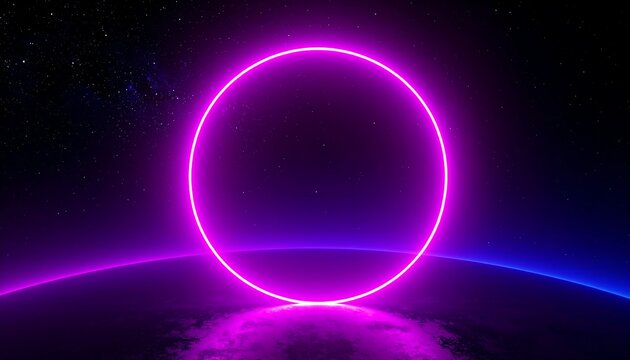 Neon pink circle portal over a vibrant planet - Powered by Adobe