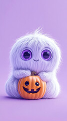 Fototapeta premium Incredibly fluffy cute cartoon ghost hugging a small smiling pumpkin, big sparkling eyes