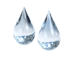 Two clear water droplets, teardrop shape, glossy