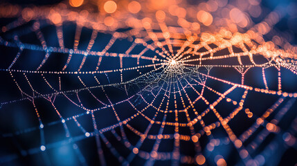 Intricate spiderweb woven from thin, shimmering fiber optic cables with dew-like data lights