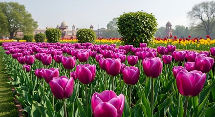 Purple tulips blooming in a beautiful garden.
