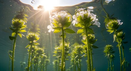 Sunlight filtering through water illuminating aquatic plants.