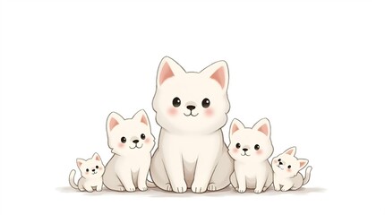 Obraz premium Sweet white cat family illustration with a mother cat and four adorable fluffy kittens. Cute cartoon style digital art of happy pets on a clean white background.