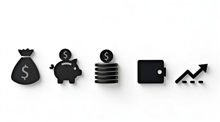 Black 3D financial icons on white background money bag piggy bank coins wallet and upward growth arrow representing savings investment and economic success.