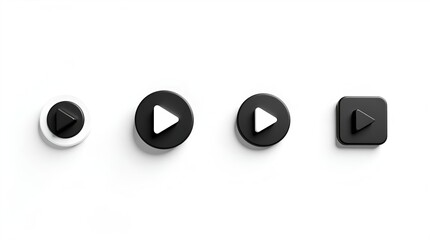 Four distinct black and white minimalist 3D play buttons, including circular and square shapes, for modern media player UI design, isolated on a clean white background. Digital icons.