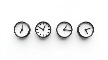Four minimalist black and white analog clocks showing different times in a horizontal row on a clean white background, perfect for concepts of time management, deadlines, and progression