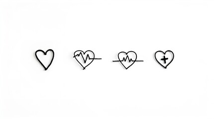 Four minimalist hand drawn black heart symbols on white background featuring plain heartbeat ECG and cross designs representing love health and medical care
