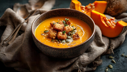 Pumpkin soup with croutons and seeds, styled with fresh pumpkin slices and textured towel. Warm autumn food concept